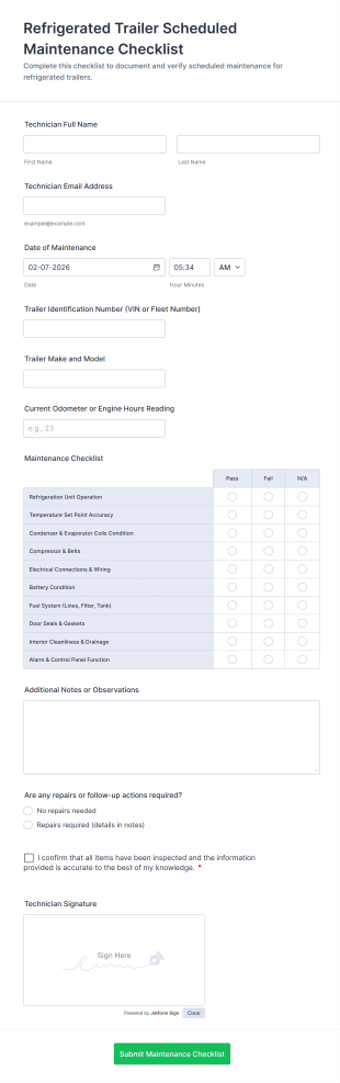 Refrigerated Trailer Scheduled Maintenance Checklist Form Template