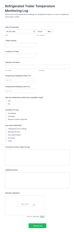 Refrigerated Trailer Temperature Monitoring Log Form Template