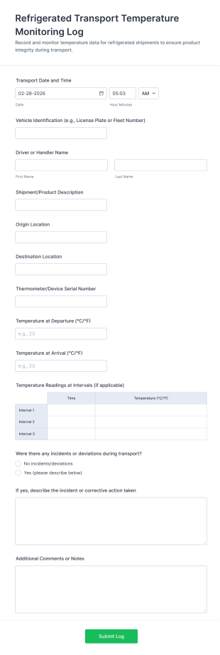 Refrigerated Transport Temperature Monitoring Log Form Template