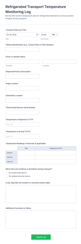 Refrigerated Transport Temperature Monitoring Log Form Template