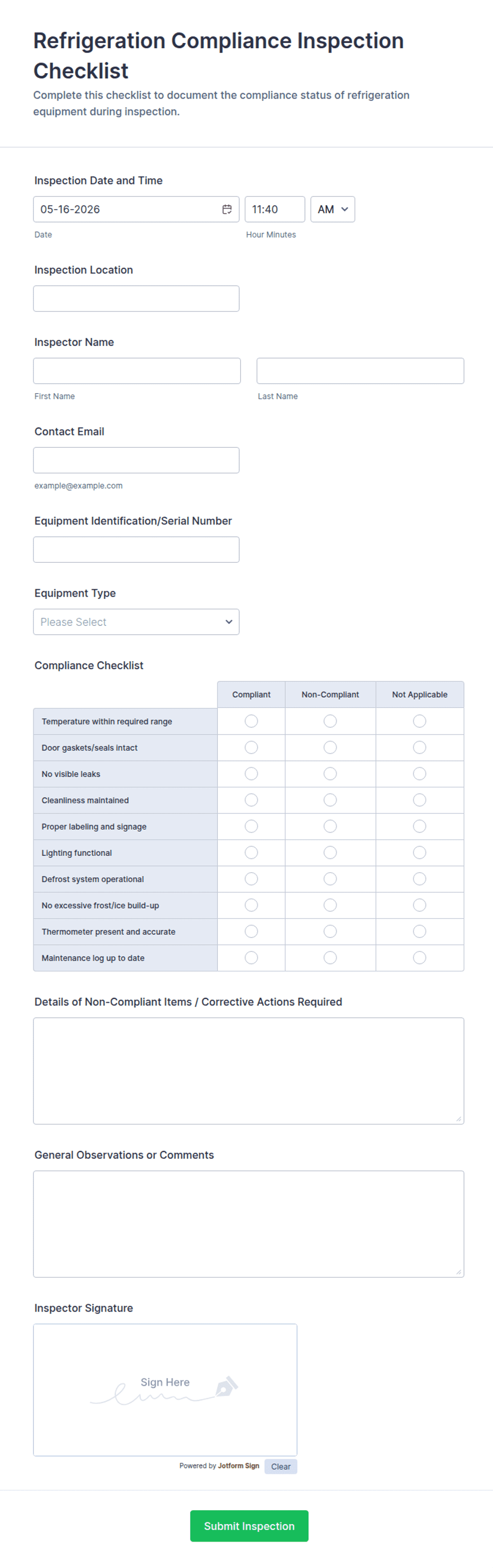 Refrigeration Compliance Inspection Checklist Form Template | Jotform