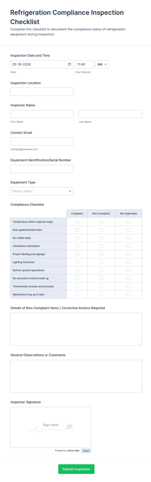 Refrigeration Compliance Inspection Checklist Form Template