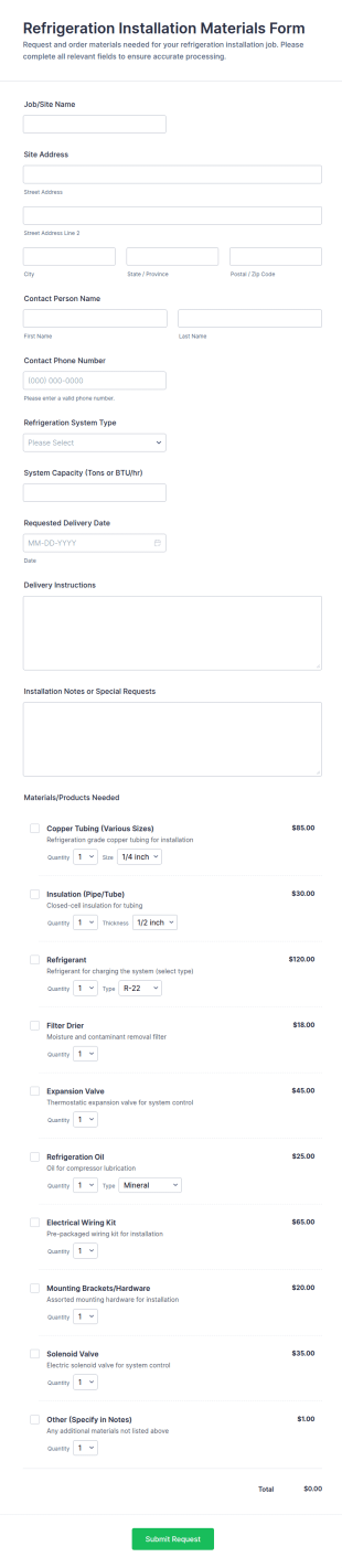 Refrigeration Installation Materials Form Template