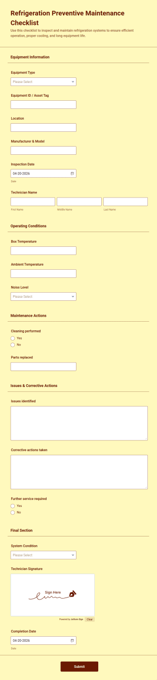 Refrigeration Preventive Maintenance Checklist Form Template