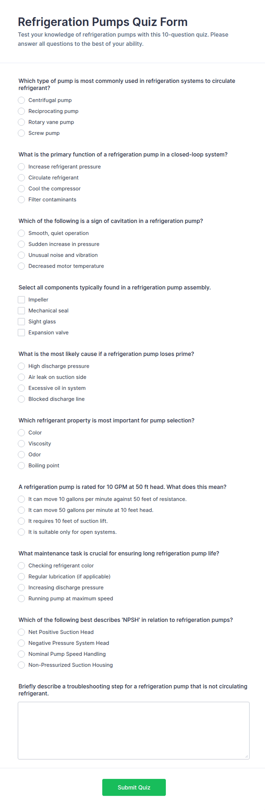 Refrigeration Pumps Quiz Form Template | Jotform