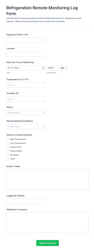 Refrigeration Remote Monitoring Log Form Template