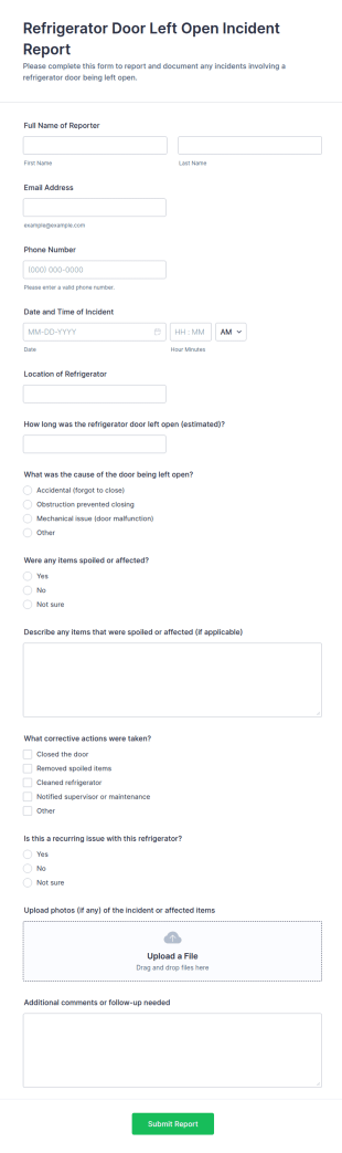 Refrigerator Door Left Open Incident Report Form Template