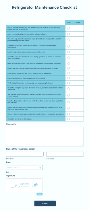 Refrigerator Maintenance Checklist Form Template