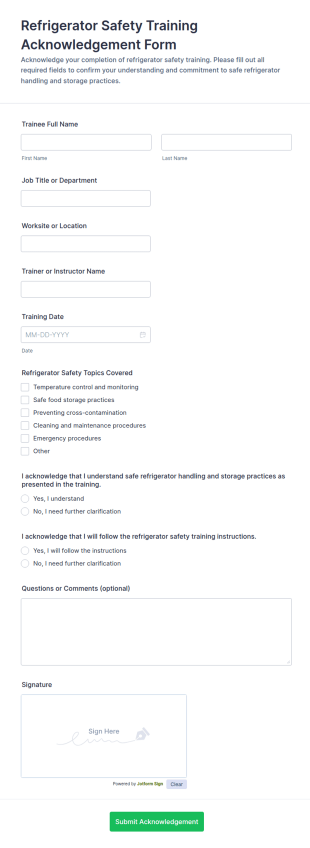 Refrigerator Safety Training Acknowledgement Form Template