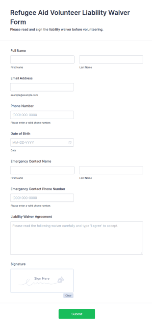 Refugee Aid Volunteer Liability Waiver Form Template