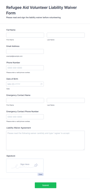 Refugee Aid Volunteer Liability Waiver Form Form Template
