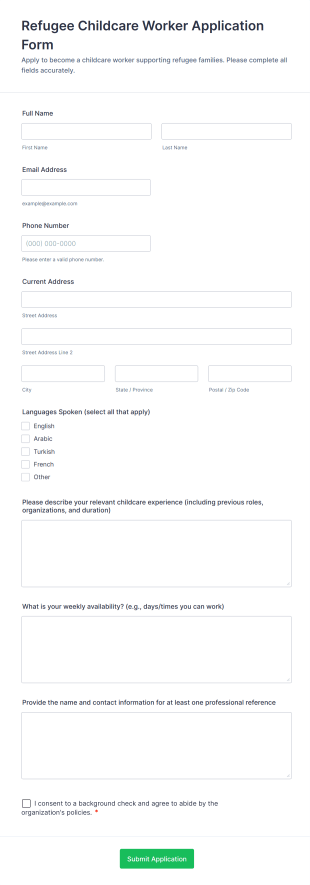 Refugee Childcare Worker Application Form Form Template
