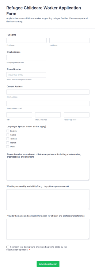 Refugee Childcare Worker Application Form Template