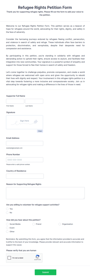 Refugee Rights Petition Form Template