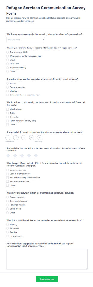 Refugee Services Communication Survey Form Template