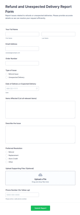 Refund And Unexpected Delivery Report Form Template