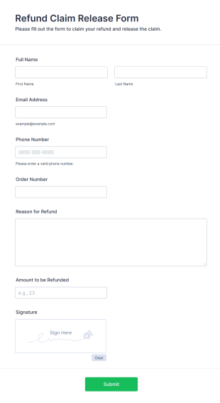 Refund Claim Release Form Form Template