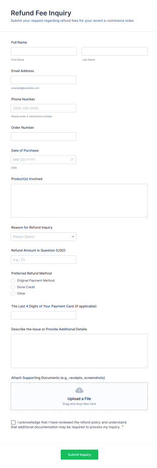 Refund Fee Inquiry Form Template