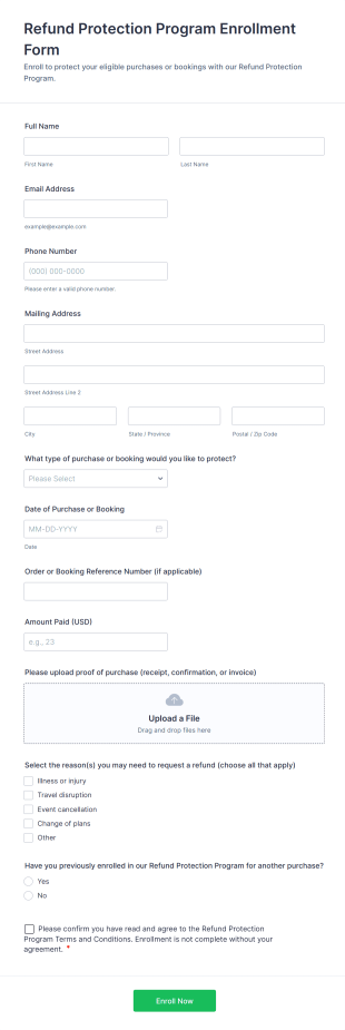 Refund Protection Program Enrollment Form Template