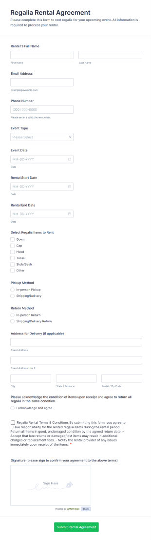 Regalia Rental Agreement Form Template