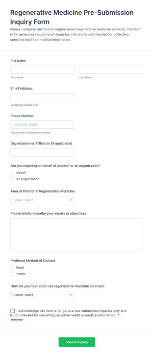 Regenerative Medicine Pre Submission Inquiry Form Template