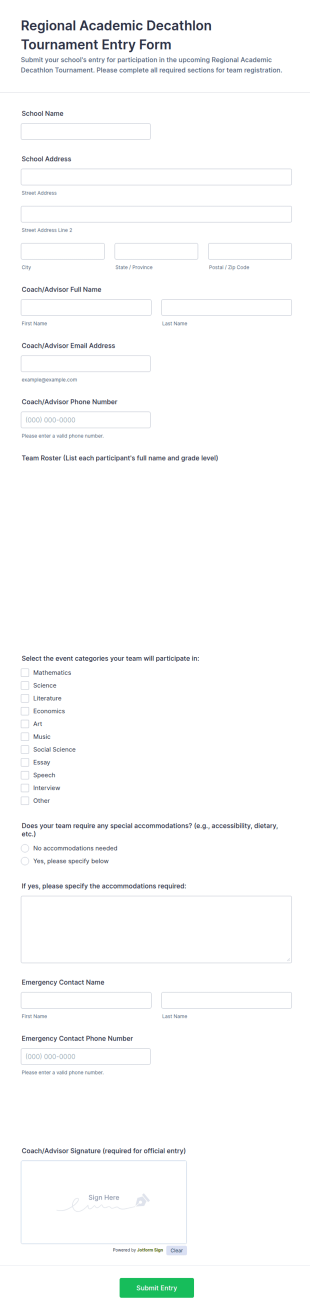 Regional Academic Decathlon Tournament Entry Form Template