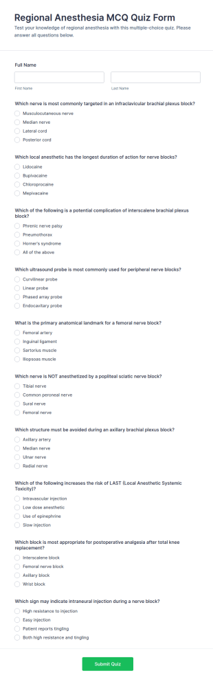 Regional Anesthesia MCQ Quiz Form Template