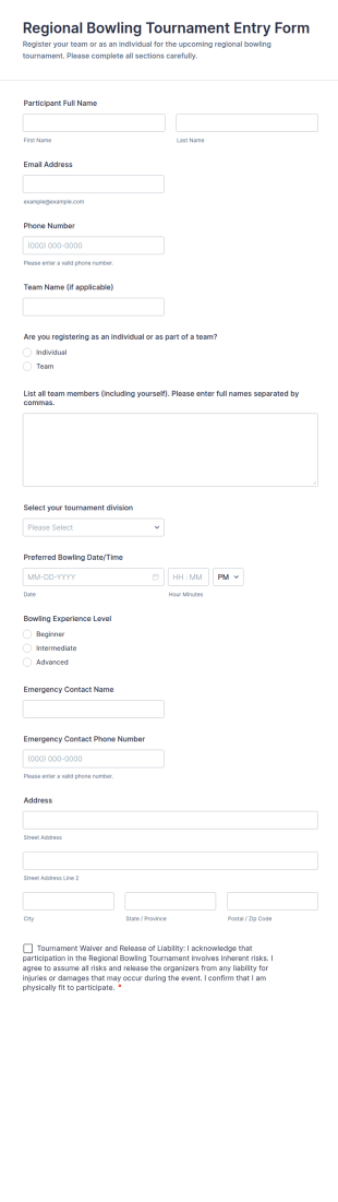 Regional Bowling Tournament Entry Form Template