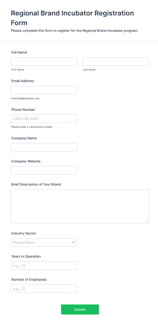 Regional Brand Incubator Registration Form Form Template