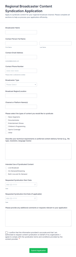 Regional Broadcaster Content Syndication Application Form Template