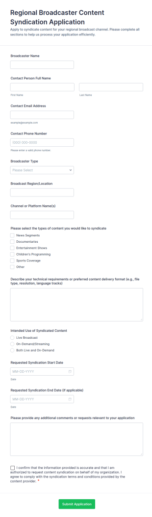 Regional Broadcaster Content Syndication Application Form Template
