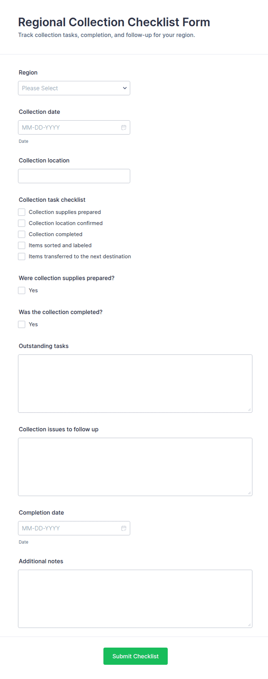 Regional Collection Checklist Form Template | Jotform