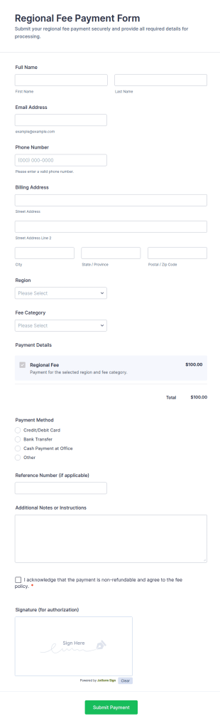 Regional Fee Payment Form Template