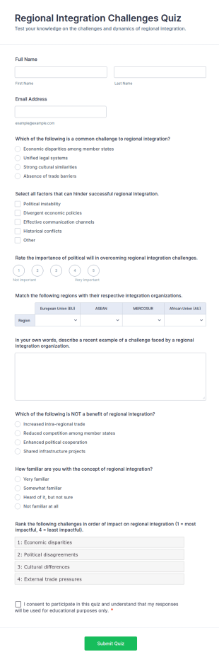 Regional Integration Challenges Quiz Form Template