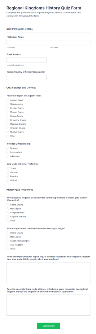 Regional Kingdoms History Quiz Form Template