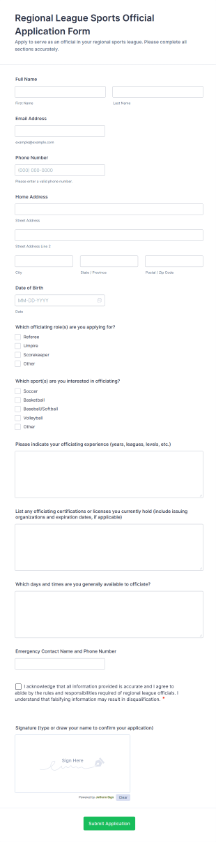 Regional League Sports Official Application Form Template