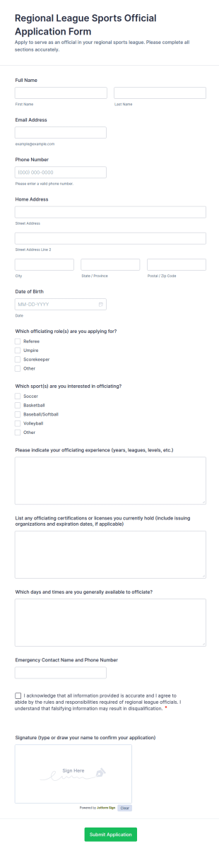 Regional League Sports Official Application Form Template