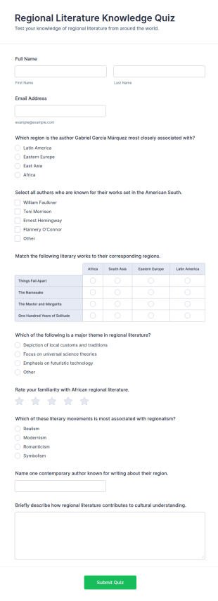 Regional Literature Knowledge Quiz Form Template