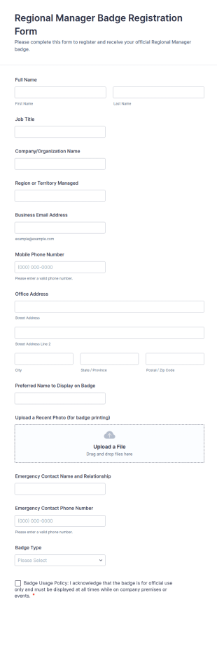Regional Manager Badge Registration Form Template