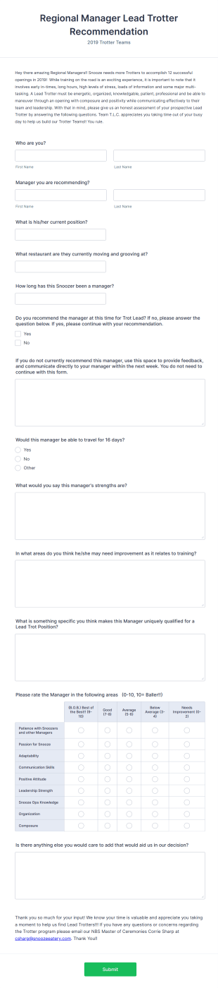Regional Manager Recommendation Form Template
