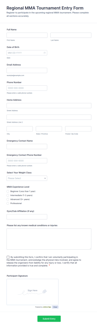 Regional MMA Tournament Entry Form Template