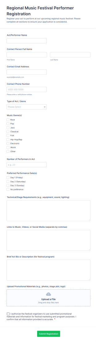 Regional Music Festival Performer Registration Form Template