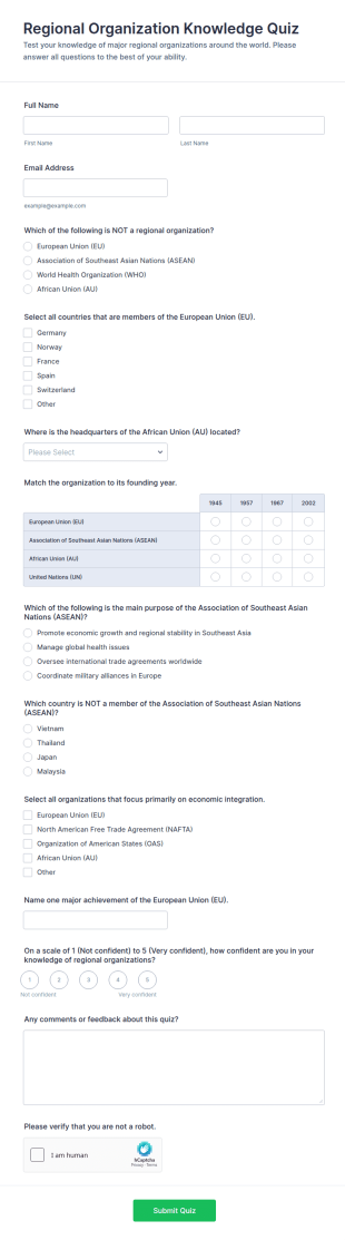 Regional Organization Knowledge Quiz Form Template