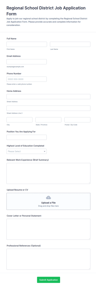 Regional School District Job Application Form Template
