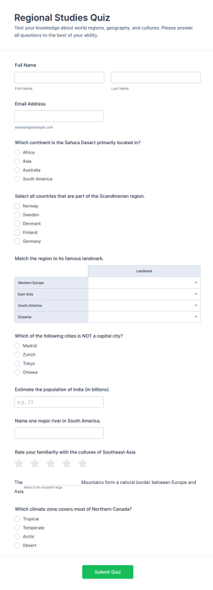 Regional Studies Quiz Form Template