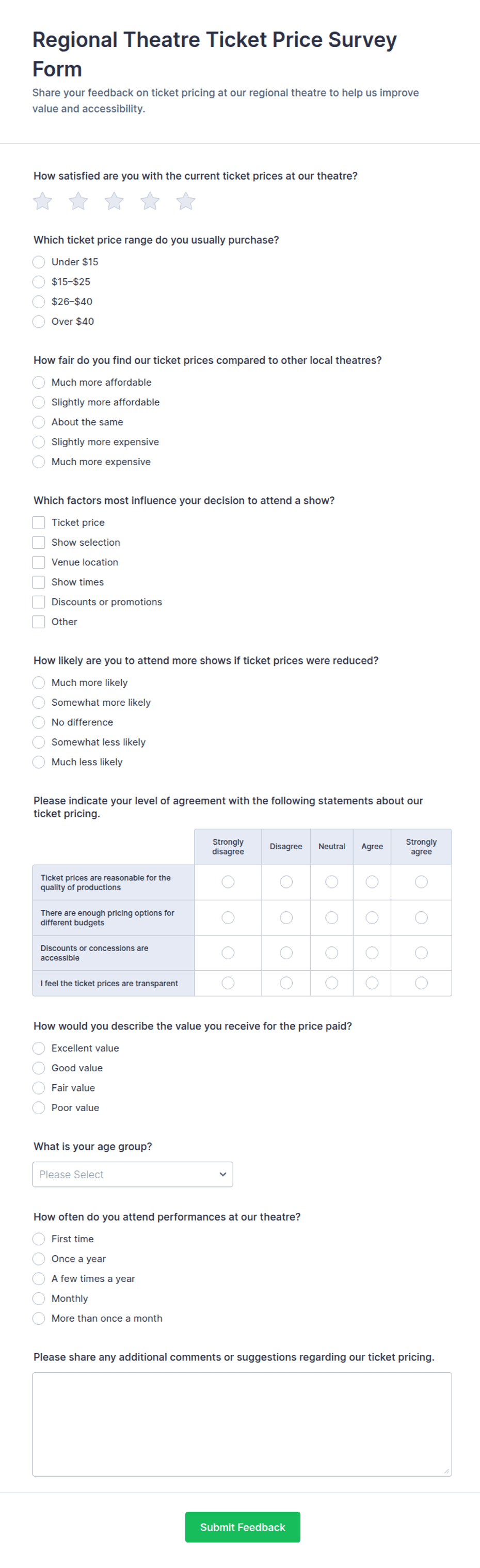 Regional Theatre Ticket Price Survey Form Template | Jotform