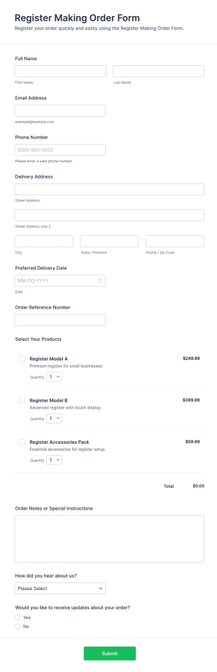 Register Making Order Form Template