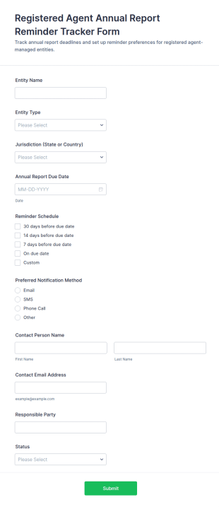 Registered Agent Annual Report Reminder Tracker Form Template
