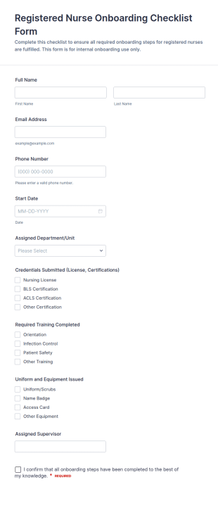 Registered Nurse Onboarding Checklist Form Template