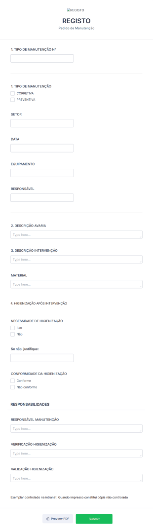 Registo Pedido De Manutenção Form Template
